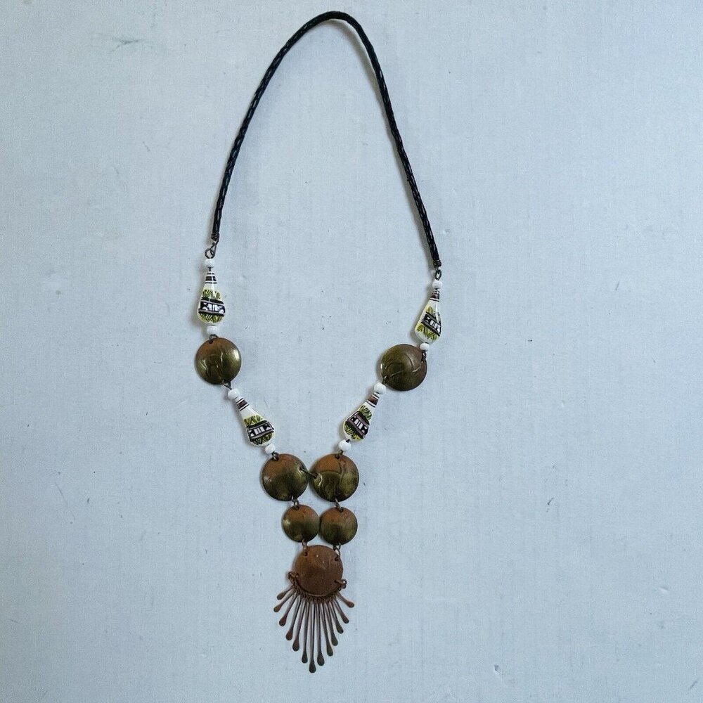 Vintage Peruvian Coin Necklace Ceramic‎ Beads Leather Cord Long Over Head